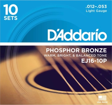 D'Addario EJ16-10P Saiten für Akustikgitarre, Phosphorbronze, Light, 10 Sätze