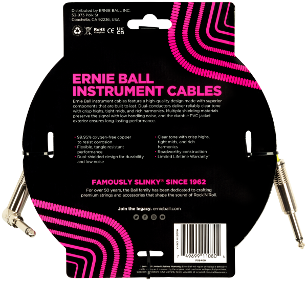 ERNIE BALL Instrumentenkabel, gerade/gewinkelt, weiß, 4,57m